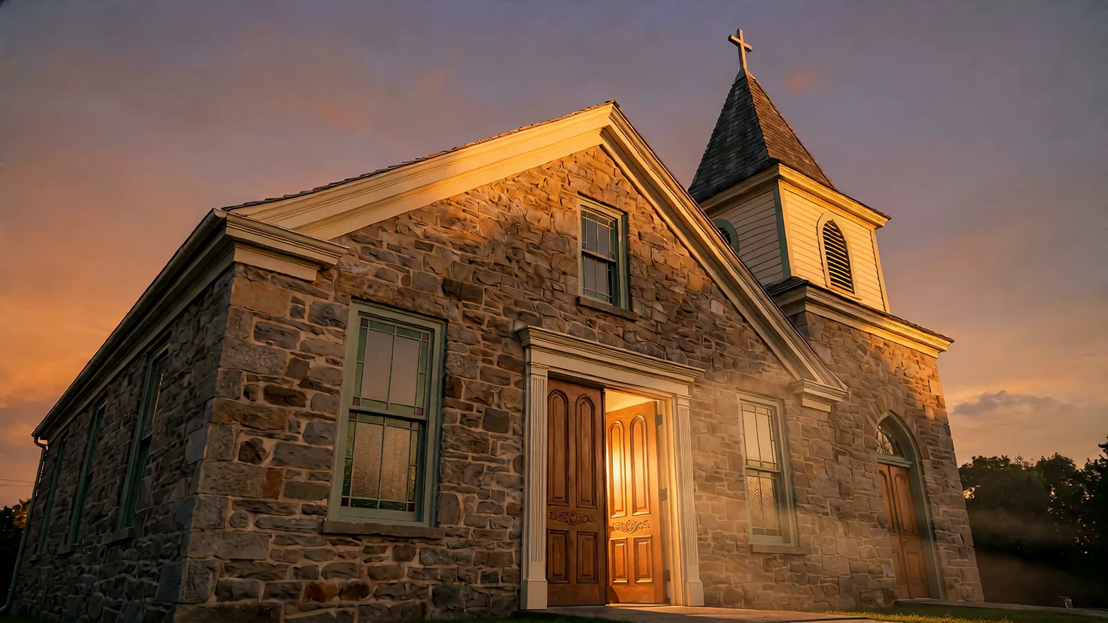 A stone church at golden hour, doors open
